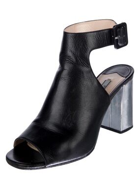 Prada Black Leather Peep-Toe Slingback Sandals silver block heel Italy sz EU38
